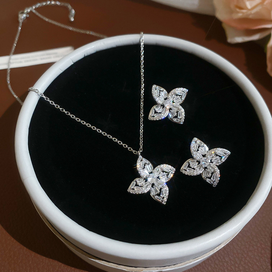 Women's Necklace with Durable Floral Zircon Pendant - Matching Studs, Sophisticated Jewelry Collection - view 3