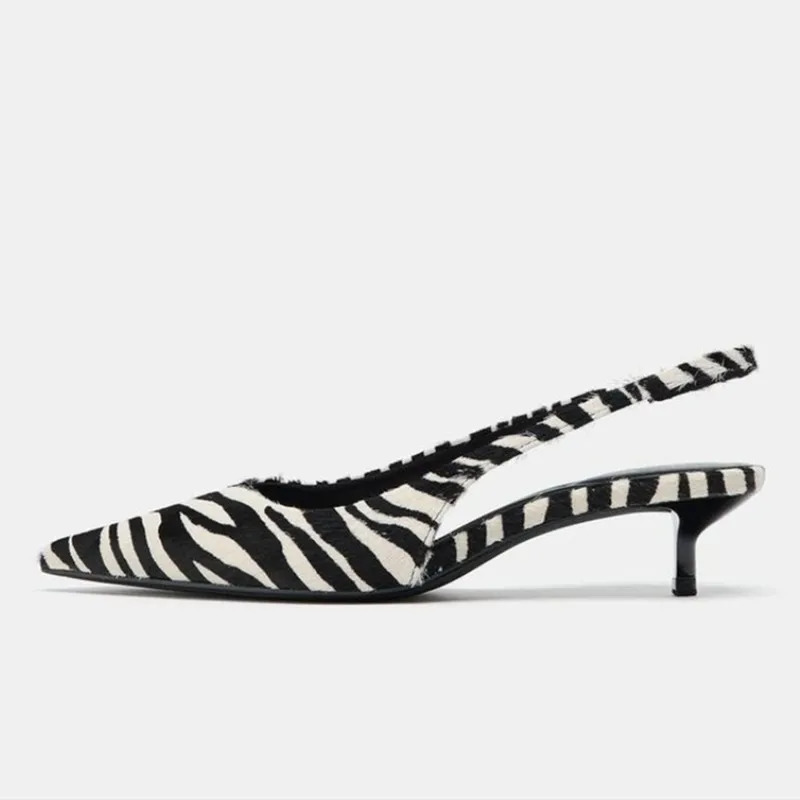 Stylish Zebra Print n High Heels for Women Sexy Pointed Toe Kitten Heels Sandals Comfortable Street Style Slingback Shoes 260402