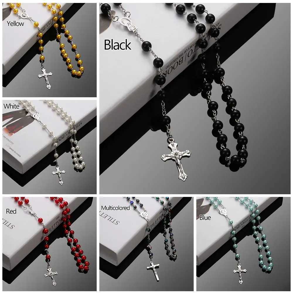 Fashion Vintage Cross Necklace Rosary Beads Chain Jesus Crucifix Virgin Mary Pendant Chain Jewelry Necklace H260403