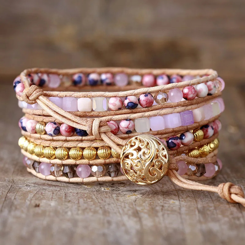 Boho Multistrand Stone Leather Wrap Bracelet Five Wrap Stackable Handmade Bracelets Vintage Statement Jewelry Bijoux 260318BJ - view 3