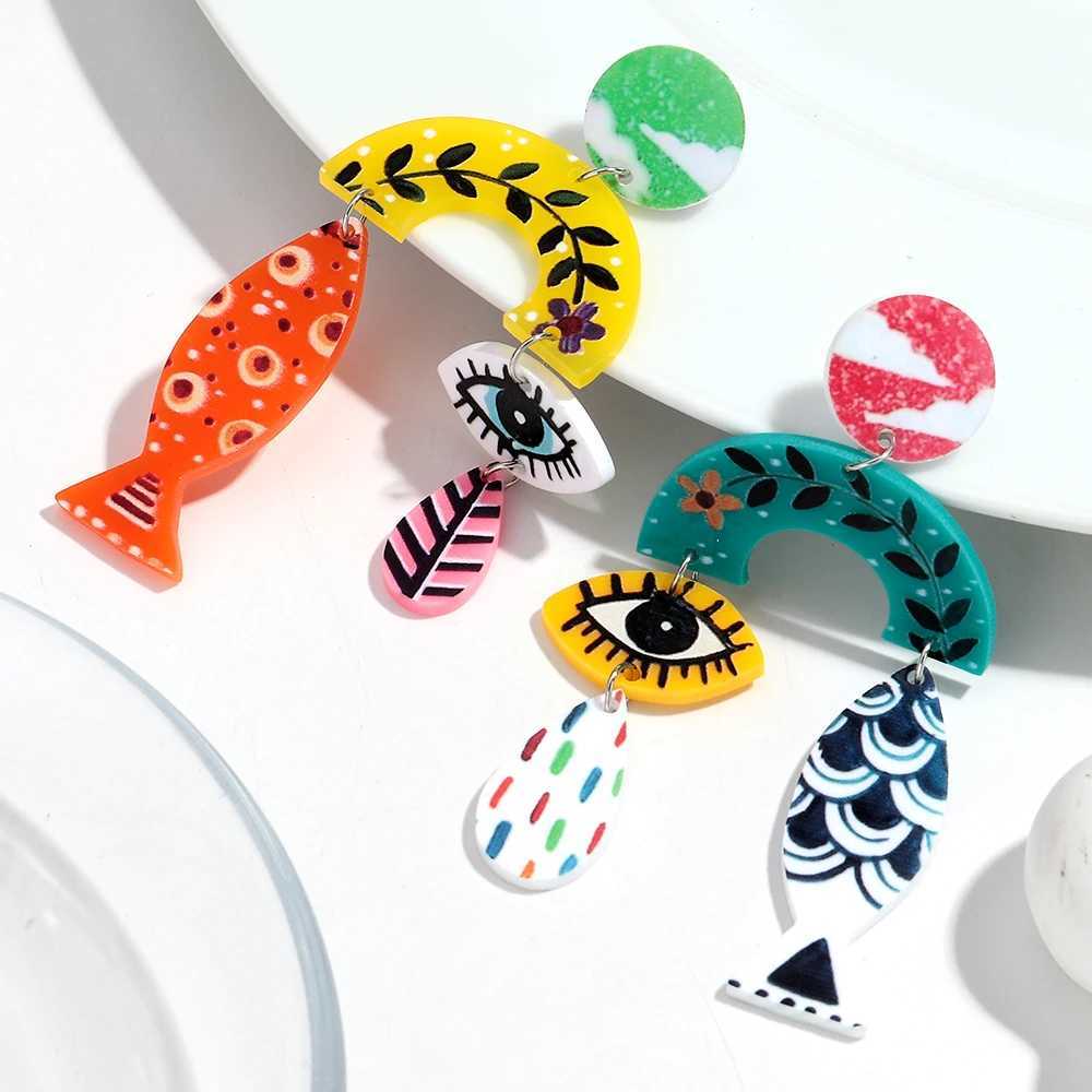 New Fish Eye Leaf Acrylic Print Long Earrings for Women Funny Colorful Irregular Geometric Hanging Earring Holiday Jewelry Gifts H260403