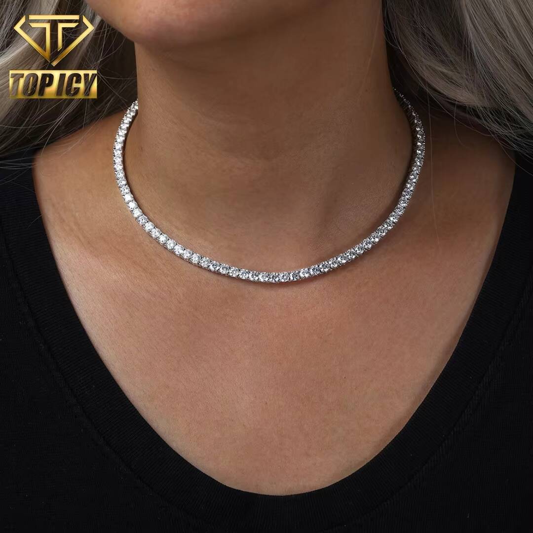 Moissanite Necklace Men Iced Out 925 Silver Gold Plated Hip Hop Tennis Chain Spring Clasp VVS D