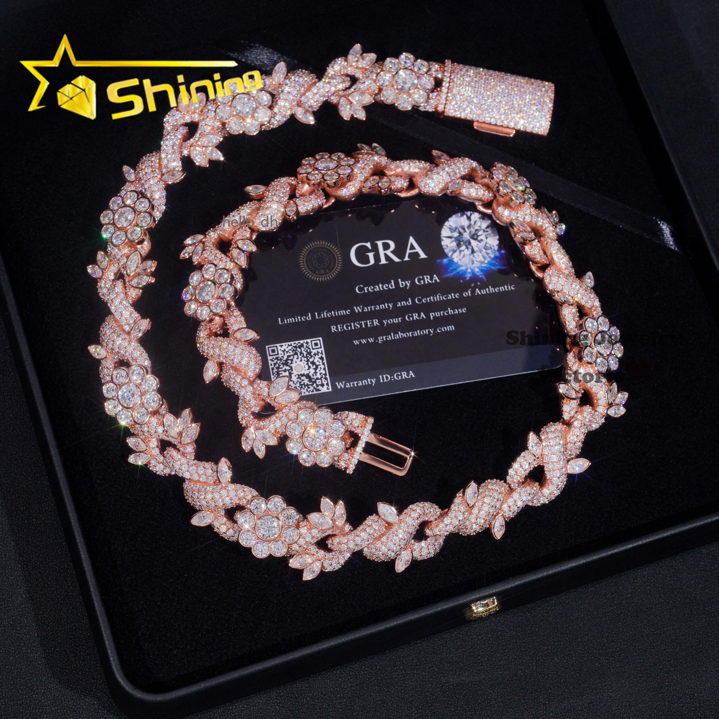 Hot Selling Hip Hop Necklace Fine Jewelry 18MM Fancy Cut Flower Design VVS Moissanite Rose Gold Cuban Link Chain