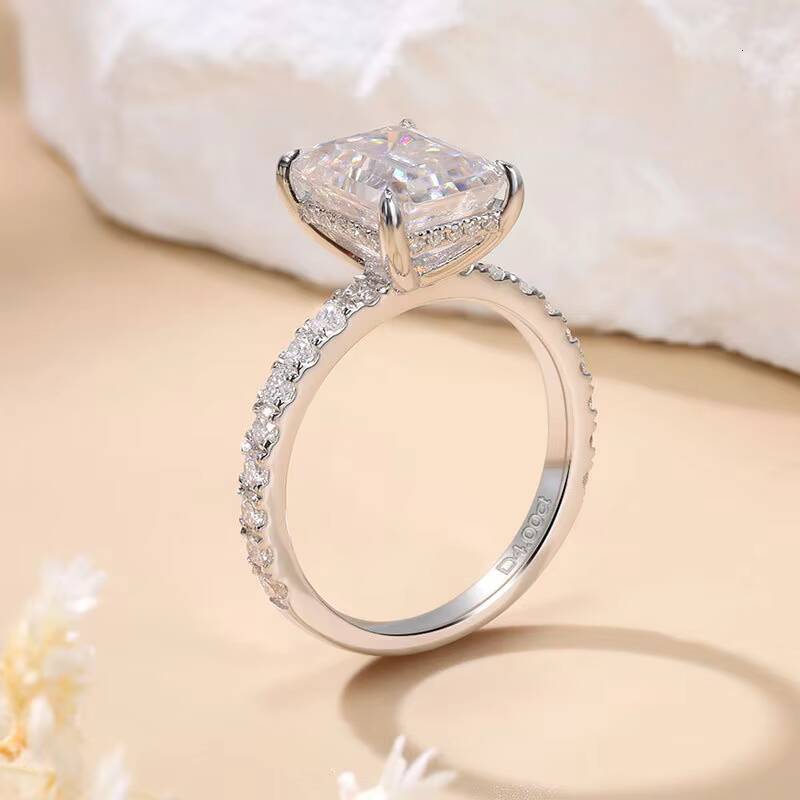 Hidden Halo 4 Ct Emerald Cut Moissanite Ring for Women in S925 Silver Platinum Plated Wholesale Dropshipping
