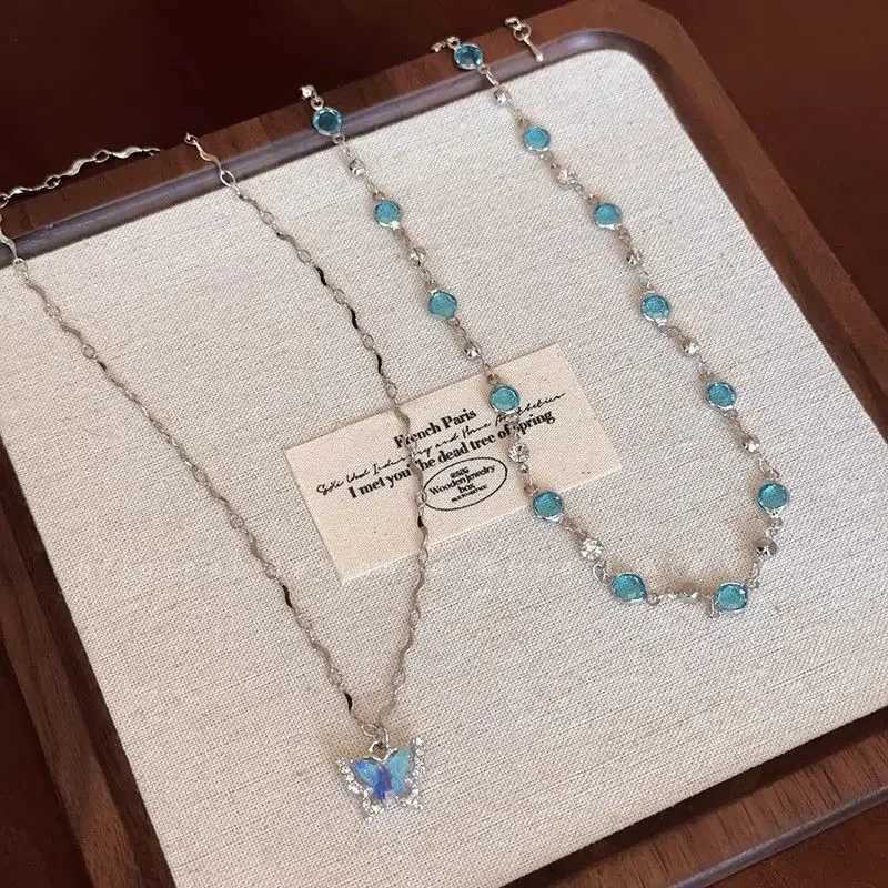 LATS Romantic Blue Crystal Butterfly Necklace for Women Girls Simple Shiny Zircon Bilayer Choker Clavicle Chain New Fine Jewelry H260403