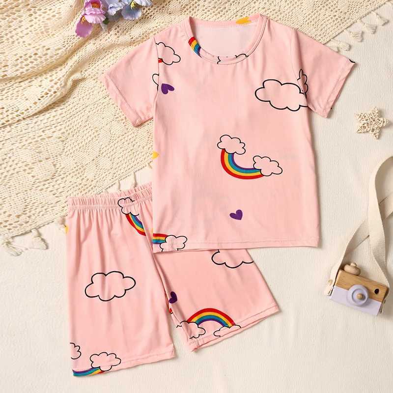 2-pcs Childrens Summer Fashion Print Home Clothes Suit Boy Comfortable Joker Dinosaur Short-sleeved Girl Sweet Pink Shorts Suit H260403