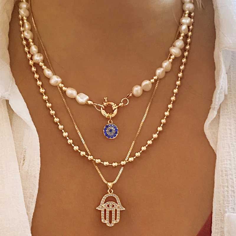 Classic Pendant Necklace for Women Micro Zircon Turkish Lucky Evil Eyes Palm Cross Pearl Multilayer Metal Chain Choker Jewelry H260403