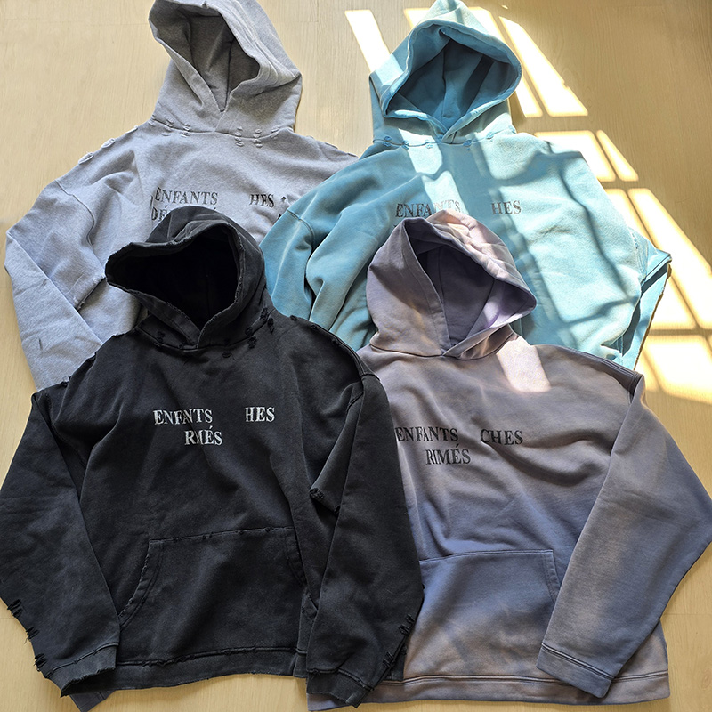 Erd rich kid broken holes gradient washed do old letters design cotton heavyweight loose loose with street men and women casual hoodie