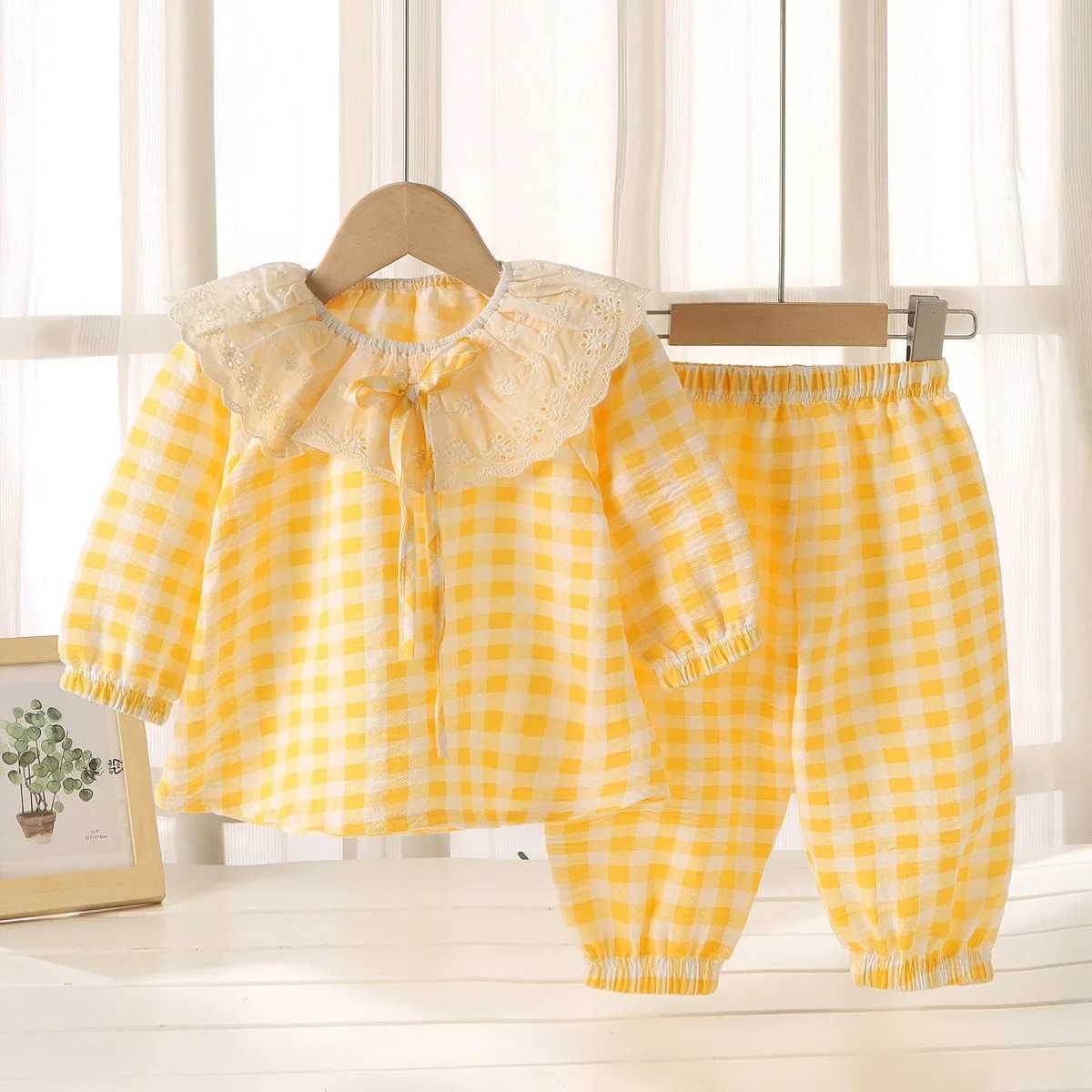 Girls Lace Round Neck Bow Home Suit Set Spring Summer Breathable Princess Baby Pajamas Sleepwear Cute Loose Childrens Clothing H260403