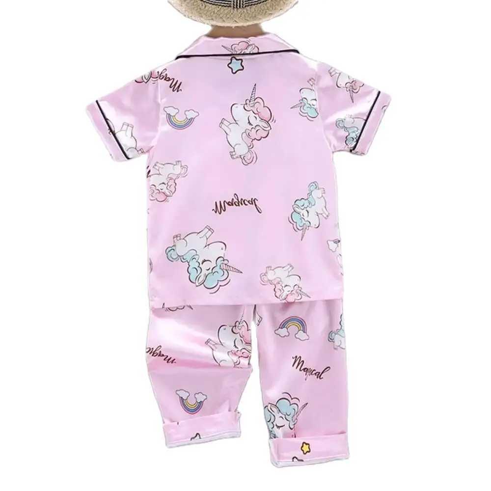 Girls Pajamas Pants Set Summer Air-Conditioned Clothing Toddler Boys Lce Silk Satin Cartoon Unicorn Nightgown 2pcs Outfit H260403