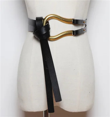 Genuine Leather double Belts Metal U Buckle belt women girls retro vintage large belt for coat jeans black white 260403