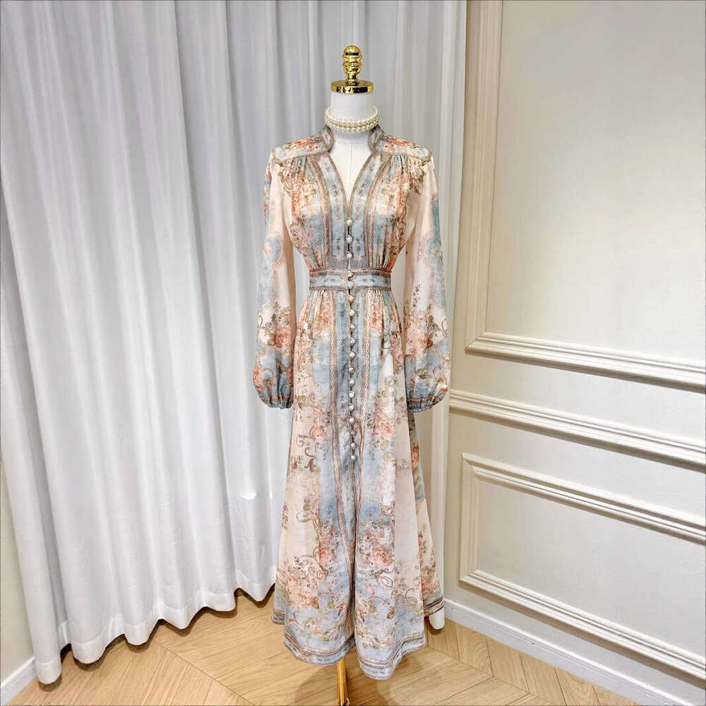 Designer k30 elegant printed long sleeved dress with small stand up collar, bubble sleeves, waist cinching, cotton and linen dress
