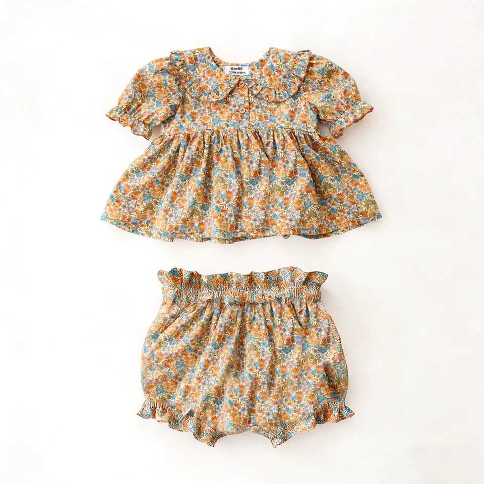 Summer Baby Girl Outfits 0-2Y Vintage Floral 100 Cotton 2Pcs Baby Girl Clothes Set Toddler Casual Clothes For Girls H260403