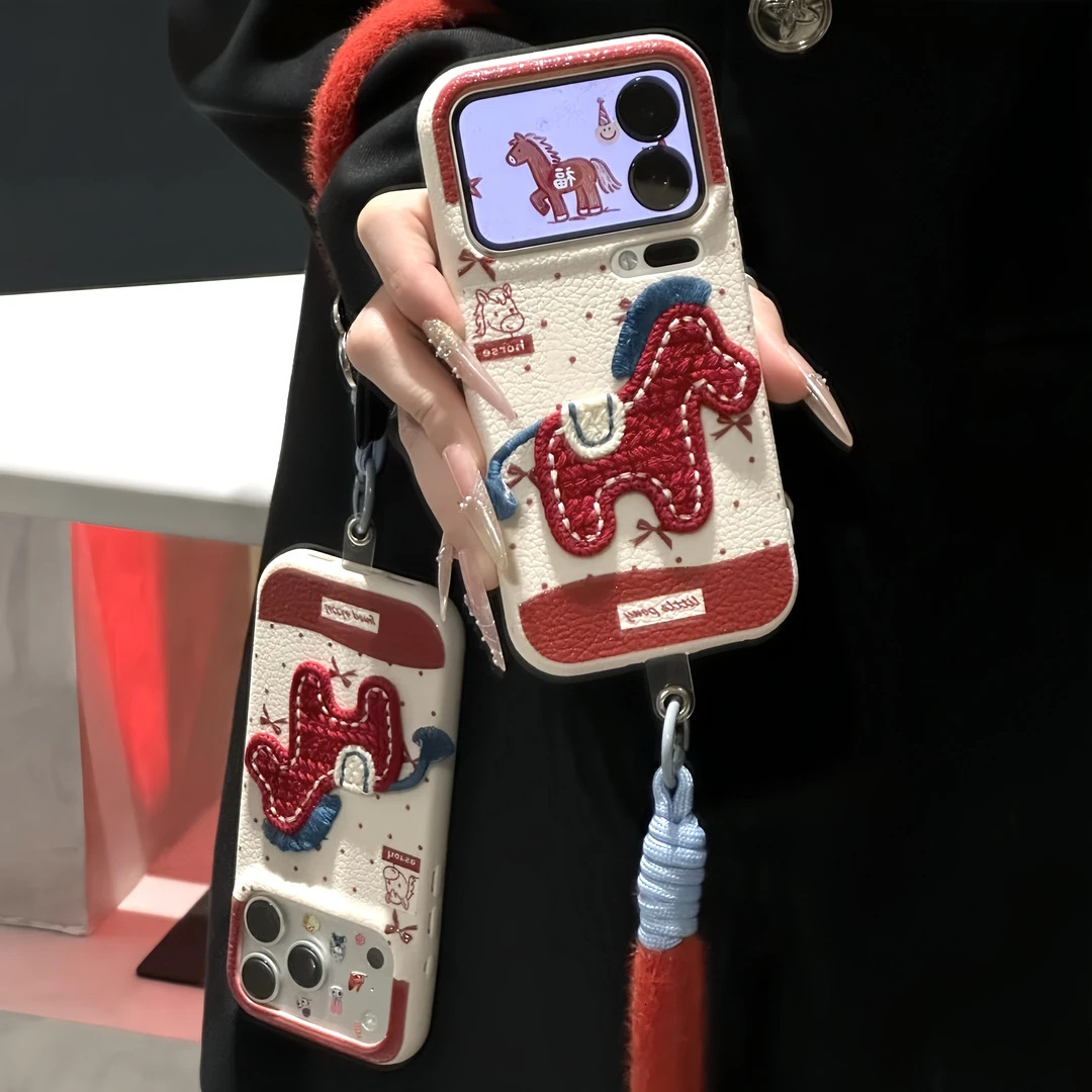 Luxury Designer 3D Embroidered Pony Phone Case Premium Red Horse Leather Texture Protective Shell For Applicable To Iphone17 High-end Fashion Accessor