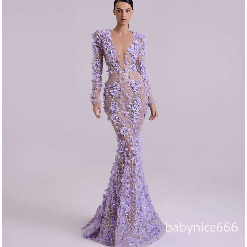 Luxury Purple Prom Formal Dresses 2026 Sequins Mermaid 3D Flowers Lace Long Sleeves V Neck Evening Party Gowns Girls Pageant Birthday Dress Robe De So