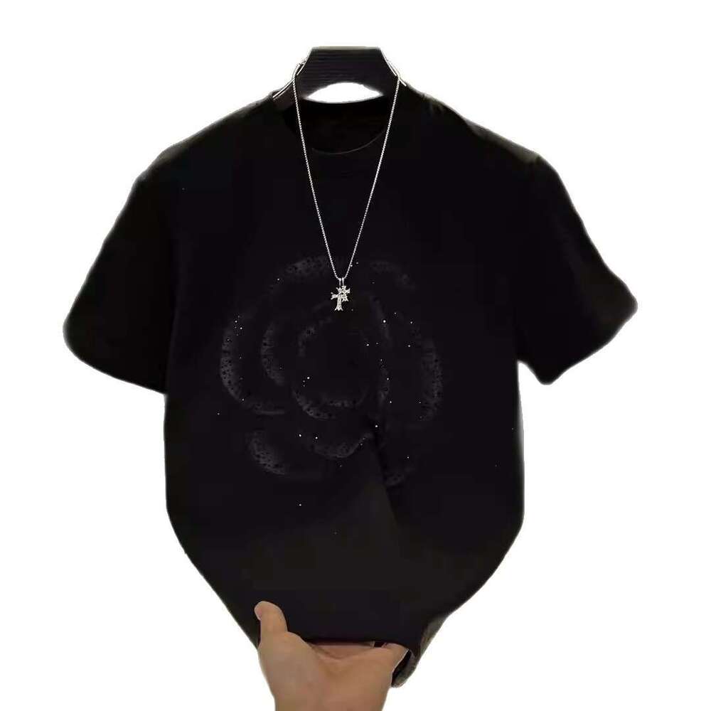 Luxury Rhinestone Rose Embellished Short Sleeve T-Shirt For Men, White, Skin-Friendly, Round Neck, High-End Youth Top