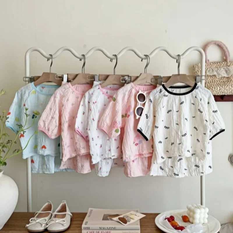 Spring Breathable Children Sleepwear Sets 0-7Y Kids Girls Printed Homewear Pajama Sets Summer Gauze Fabric Soft Daily Loungewear H260403