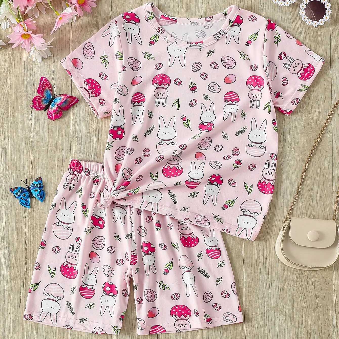 2-Pcs Childrens Casual Cute Home Service Suit Boy Casual Joker Bear Print Short Sleeve Girl Comfortable Joker Sweet Shorts Suit H260403