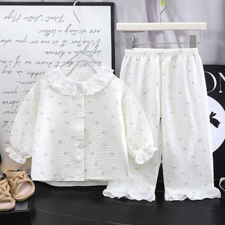 Girls Kids Home Clothes Set New Loose Thin Baby Pajamas Fashion Lace Floral Princess Children Air Conditioner Long SleevePants H260403