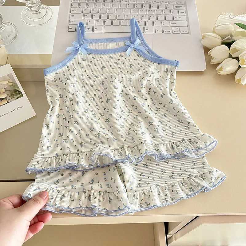 New Summer Kids Homewear Set 1-7T Sweet Floral Girls Camisole Shorts Cartoon Bear Children Household Clothes H260403