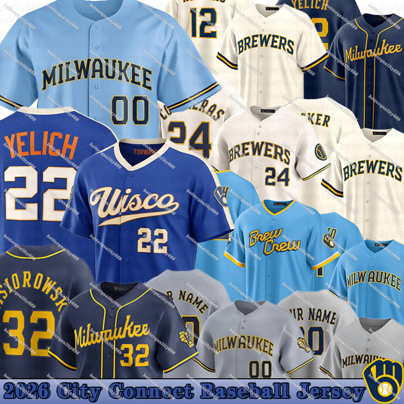 #22 Christian Yelich #12 Rhys Hoskins Brewers Jersey William Contreras Jackson Chourio Freddy Peralta Sal Frelick Brandon Woodruff Custom City Baseball Jerseys