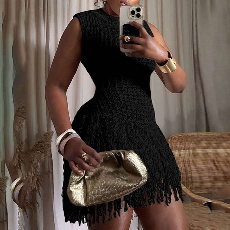 European and American style summer new k30 sweater sexy sleeveless tassel short hollow patch slim knit dress 2026