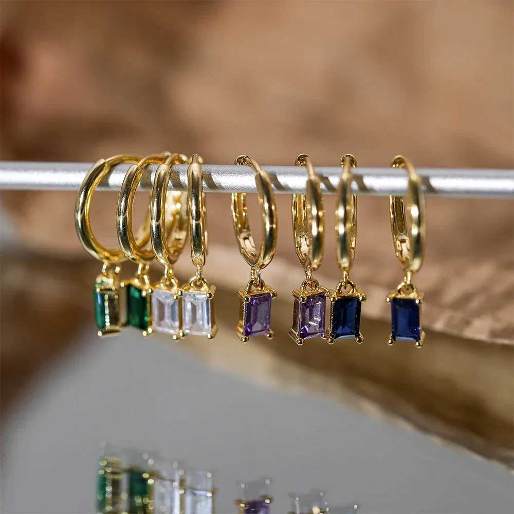 French Emerald Geometric Hoop Stainless Steel Earrings for Women Party Jewelry Accessories Trendy Zircon Crystal Drop Earring H260403
