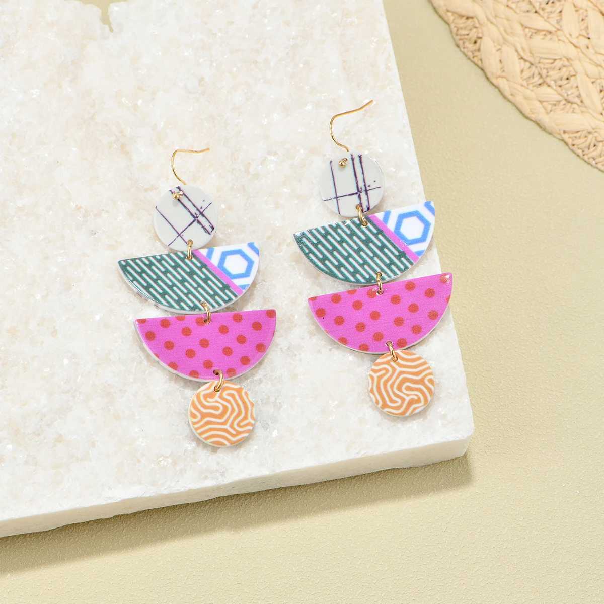 Trendy Geometric Style Earrings Wooden Triangle Splicing Colorfulful Polka Dot Stripess Personalized Versatile Earring Set H260403