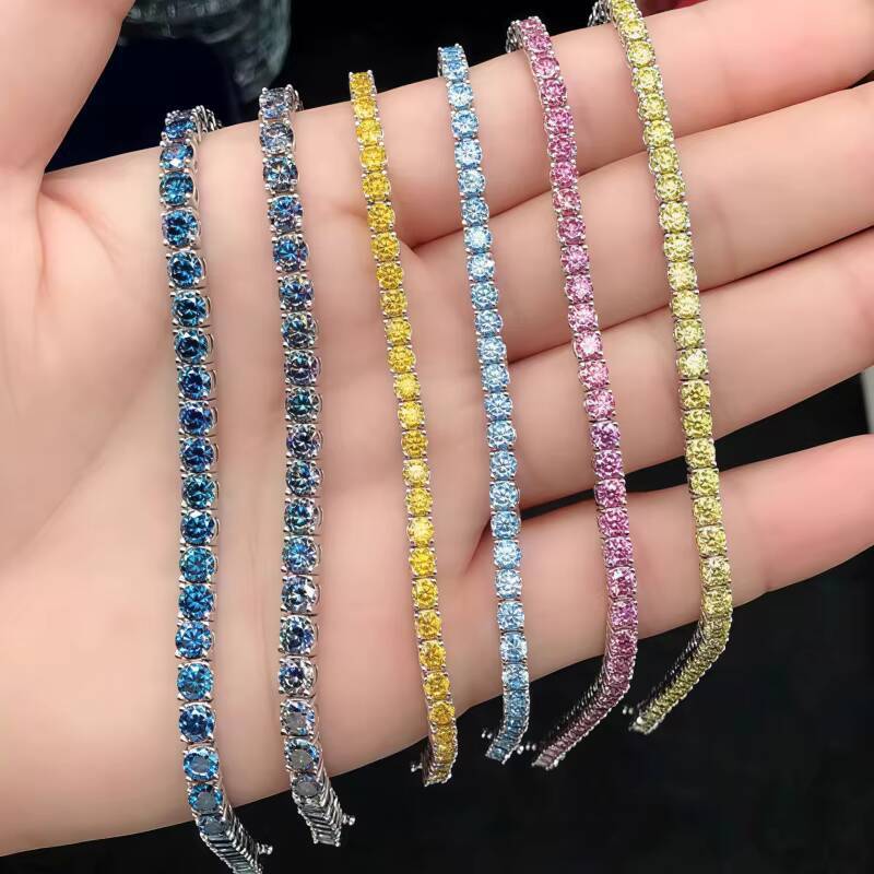 PYQ 3/4/5/65mm Blue Yellow pink Moissanite Chain Gra Vvs Sterling Silver 925 Diamond Moissanite Tennis Chain Bracelet for Women