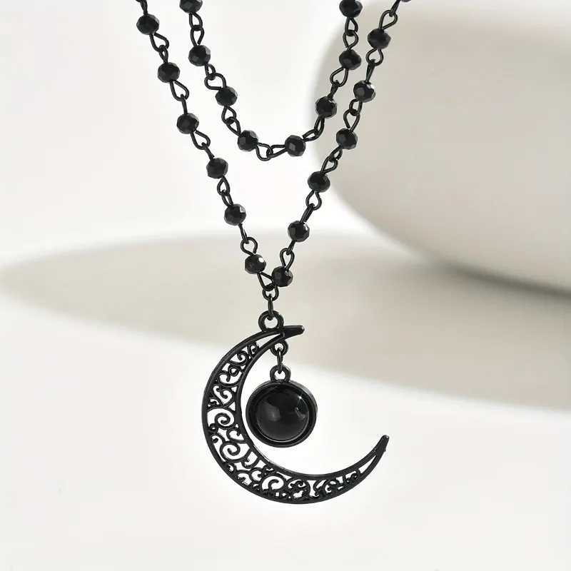 Gothic Retro Hollowed Out Moon Pendant Double Layered Necklace for Women Witch Dark Party Gift Outfit Accessory H260403