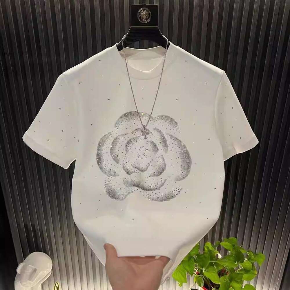 Luxury Rhinestone Rose Embellished Short Sleeve T-Shirt For Men, White, Skin-Friendly, Round Neck, High-End Youth Top