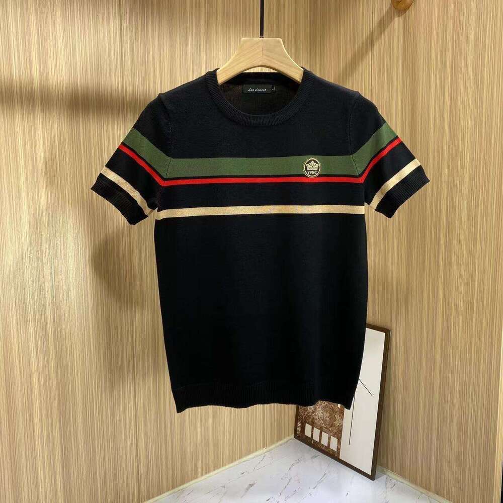 New Autumn And Winter Personalized Letter Jacquard Rhinestone Slim-Fit Stretchy Versatile Sweater Embroidered Knitted Short-Sleeve T-Shirt For Men