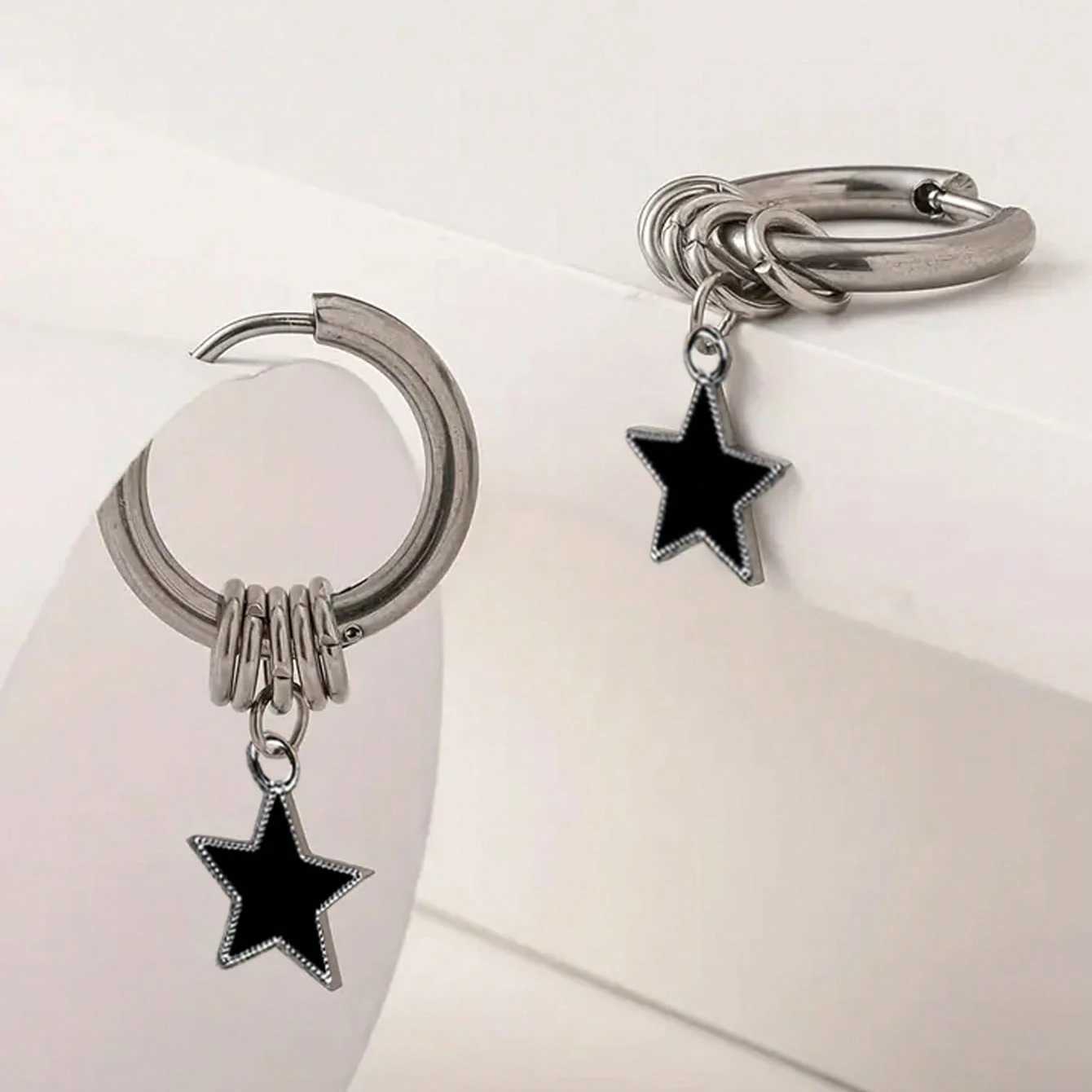 1 pair of stainless steel punk star ring earrings suitable for womens daily fashion accessories H260403