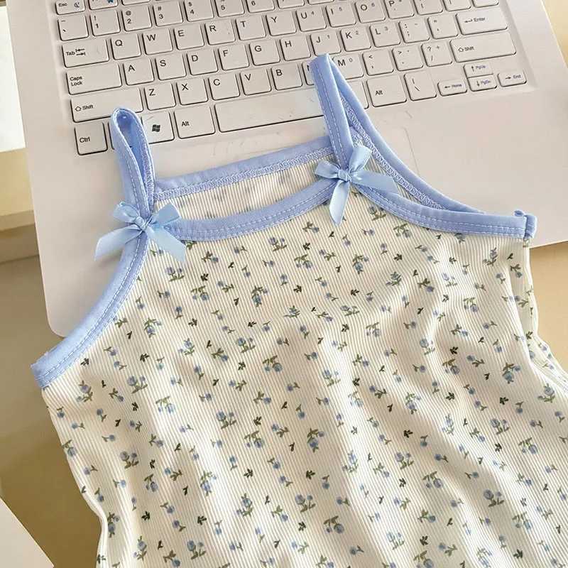 New Summer Kids Homewear Set 1-7T Sweet Floral Girls Camisole Shorts Cartoon Bear Children Household Clothes H260403