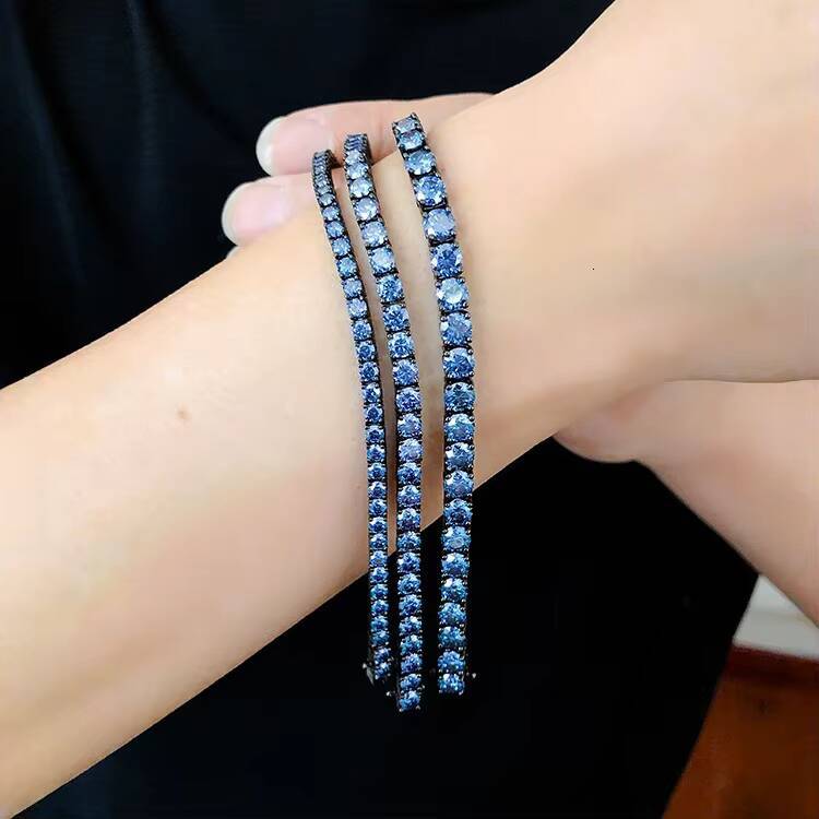 PYQ 3mm 01ct Vvs Royal Blue Moissanite Tennis Chain Hip Hop Jewelry 925 Silver Blue Moissanite Bracelet with Black Gold Plated