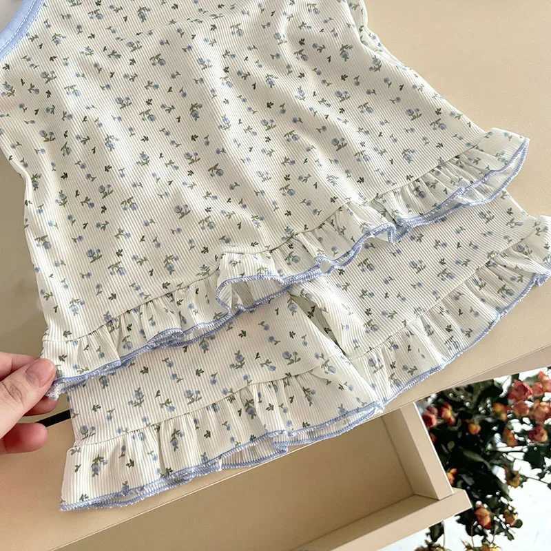 New Summer Kids Homewear Set 1-7T Sweet Floral Girls Camisole Shorts Cartoon Bear Children Household Clothes H260403