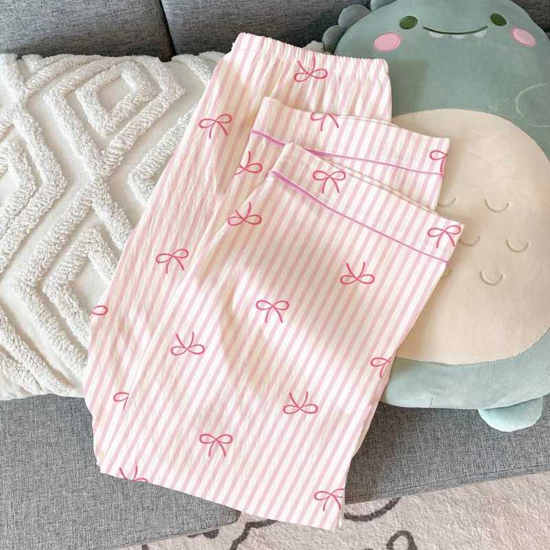 Pink Bow Dtie Prints 3 Pieces Pajamas Set for Women Summer Short Sleeve Top Pants with Shorts Pajamas Set Sweet Cute Home Suit H260403