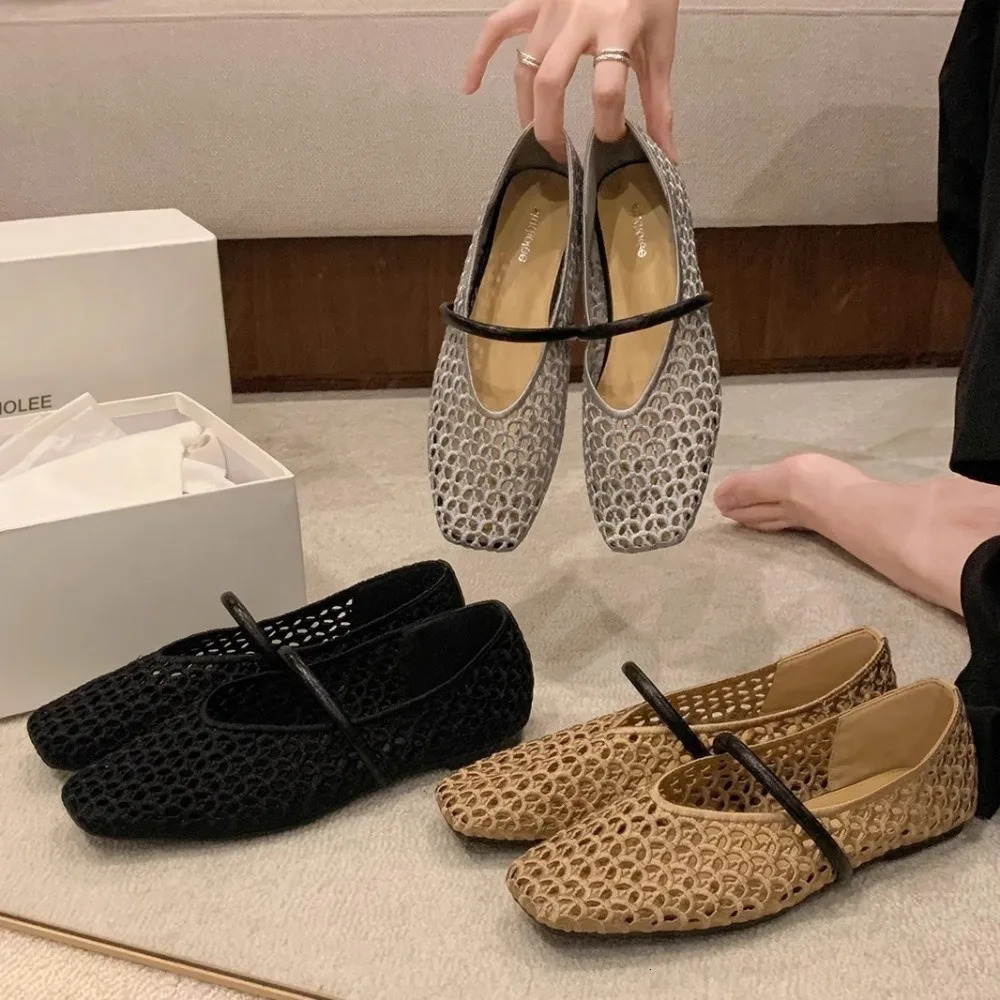 Square Head Hollow Woven Casual Comfortable Womens Flat Shoes Cut-out Mary Jane Single-layer Shoes Fishnet Shoes 260402