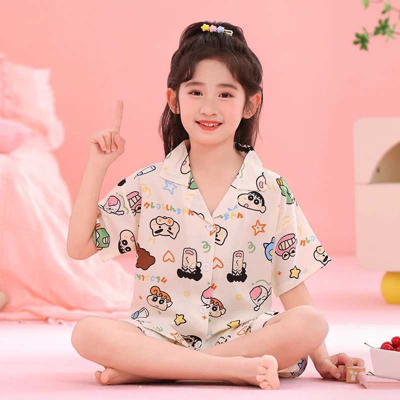 Anime Japanese Crayon Shinchan Childrens Pajamas Set Kids Cardigan Short Sleeve Sleepwear Girls Boys Homewear Pajamas Nighty H260403