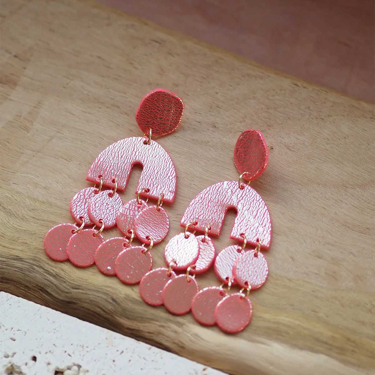 Polymer Clay Boho Geometric Dangle Earrings for Women Half Moon Arch with Coin Discs Textured Statement Lightweight Gift New H260403