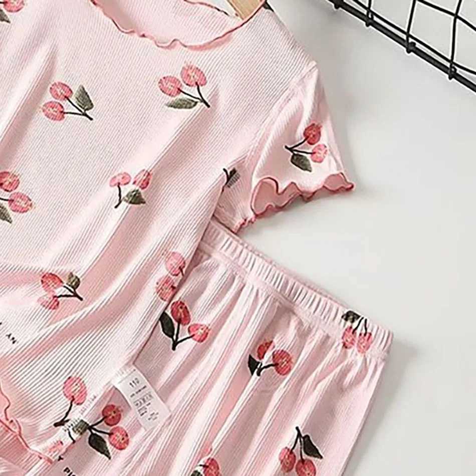 Girls Summer Pajama Set Cherry Blossom Print 4-Way Stretch Shorts Tee Breathable Modal Blend for Bedtime and Playtime for 1-8Y H260403