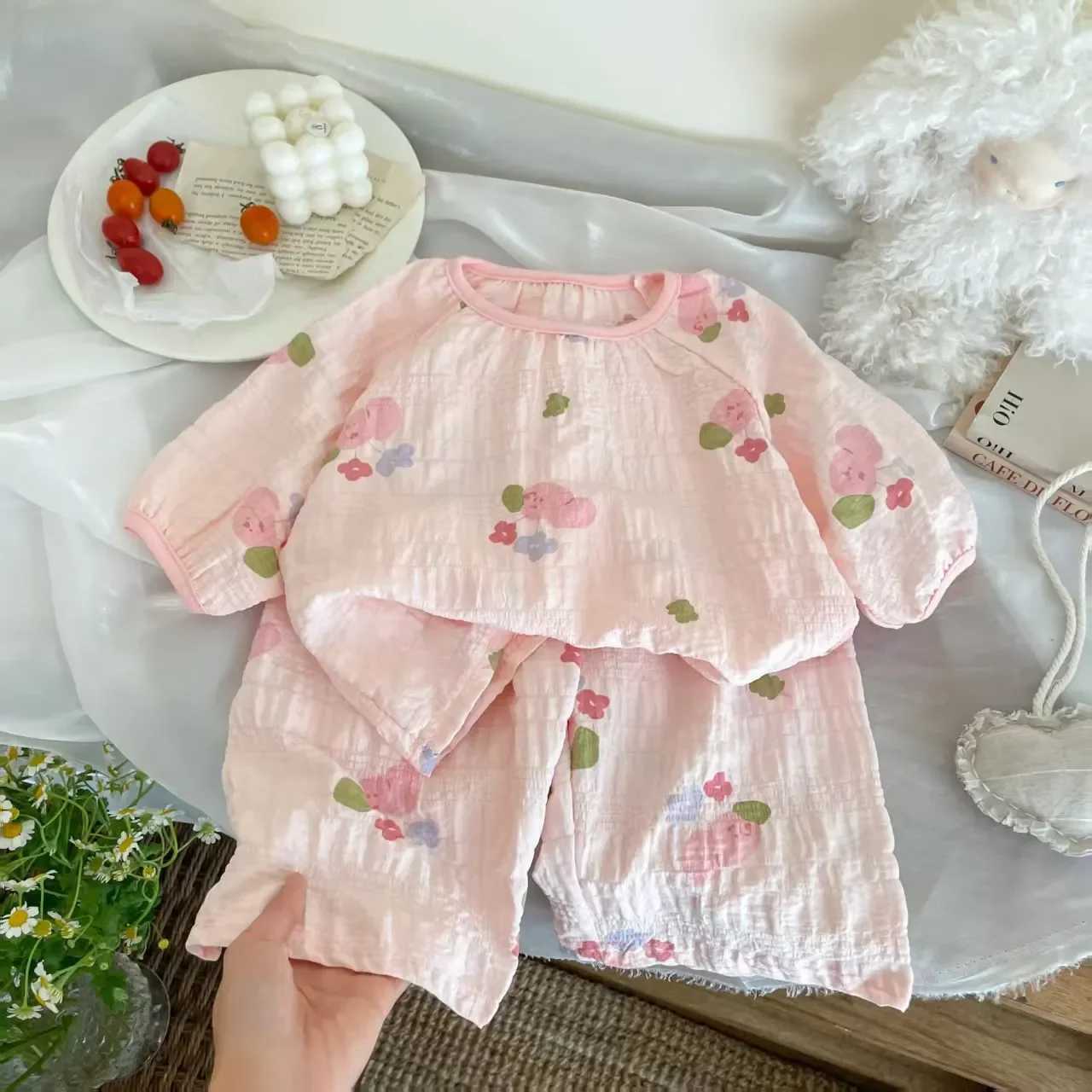 Spring Breathable Children Sleepwear Sets 0-7Y Kids Girls Printed Homewear Pajama Sets Summer Gauze Fabric Soft Daily Loungewear H260403