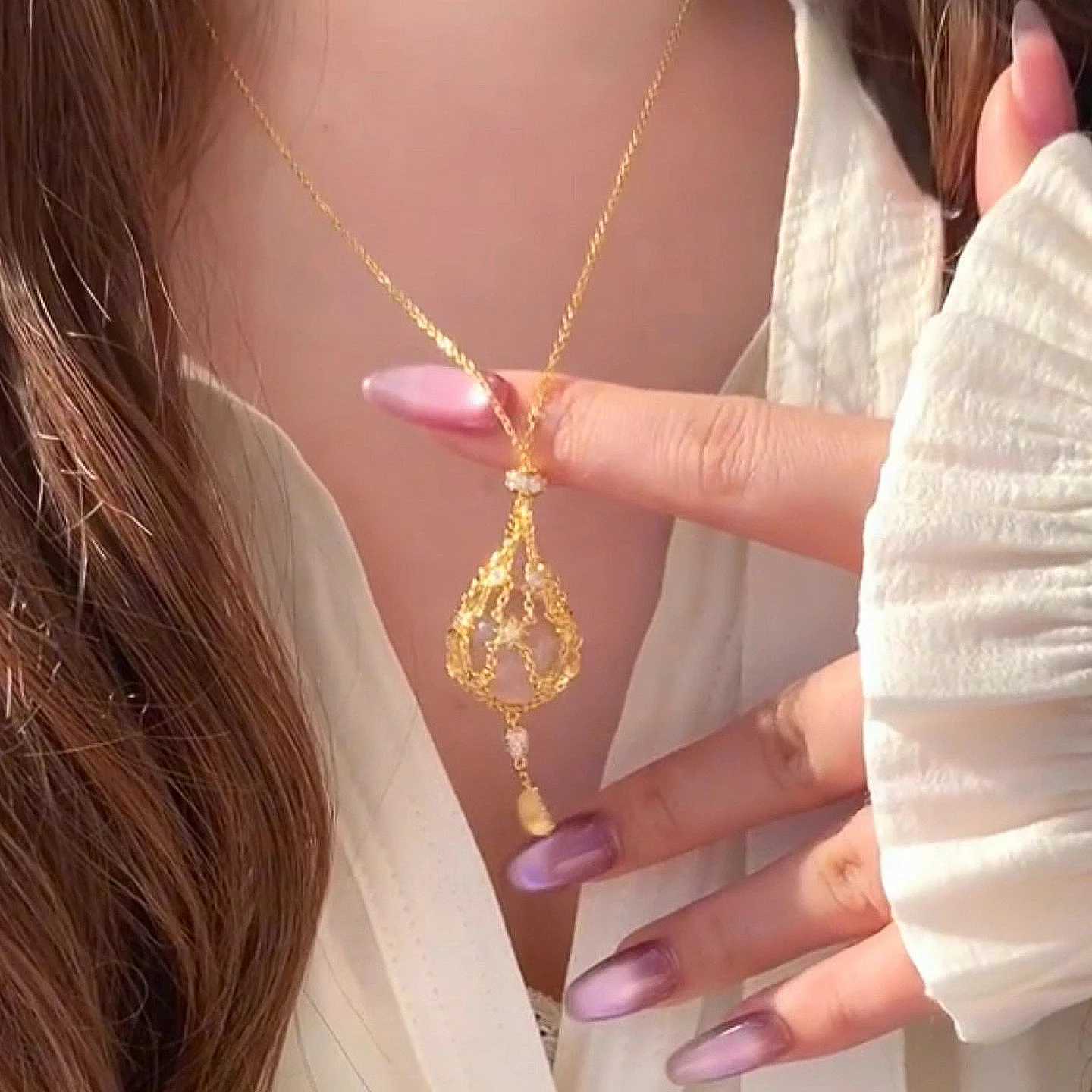 Popular White Crystal Starry Mesh Bag Pendant Retractable Necklace Accessory Niche Design High-end And Versatile For Women H260403