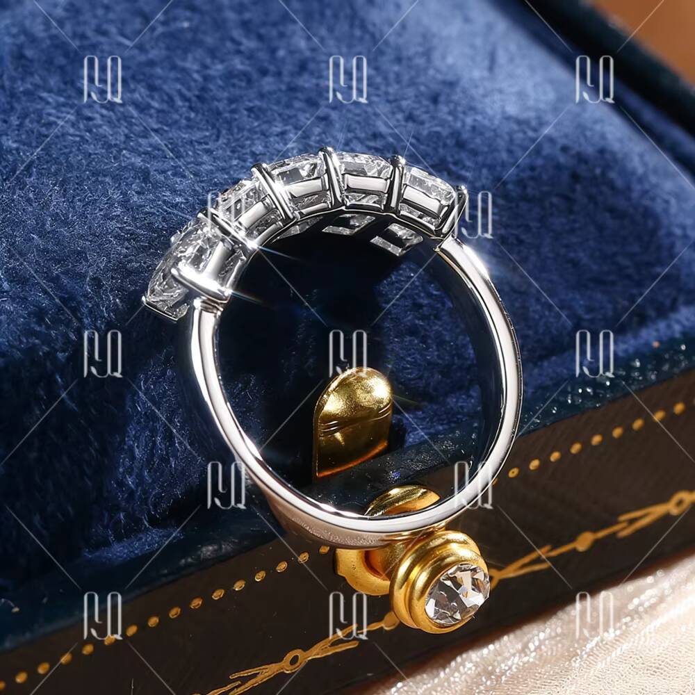 PYQ 4x6mm Emerald Cut Moissanite Half Row Eternity Band 925 Sterling Silver Plated 18K Gold Luxury Womens Ring for Wholesale
