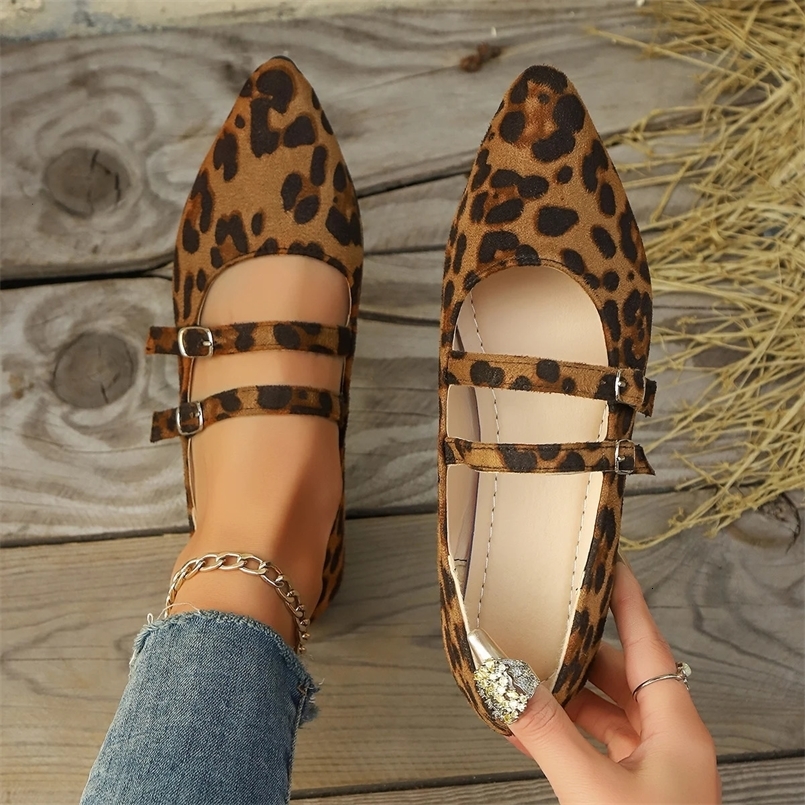 Womens Niche PointedToe LeopardPrint Shoes FrenchStyle SlipOn Loafers with Ankle Strap Ideal for Daily Commute 251016