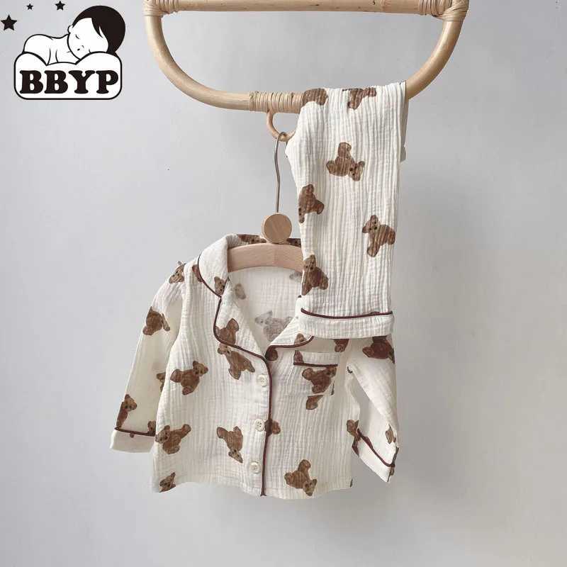 2Pcs Autumn New Kids Pajamas Korean Long Sleeve Print Bear Cardigan And Pants Cotton Musline Yarn Sleepwear H260403