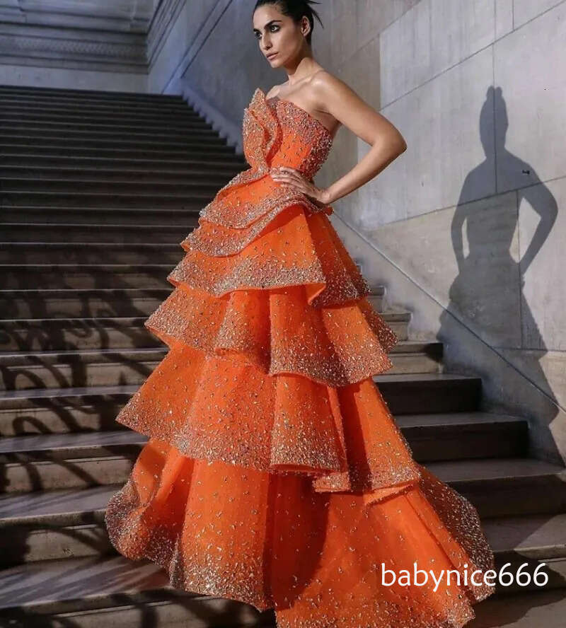 2026 Fashion A-line Evening Dress Women Orange Sleeveless Strapless Crystals Tiered Prom Formal Party Gowns Robe Soiree Vestidos De Fiesta