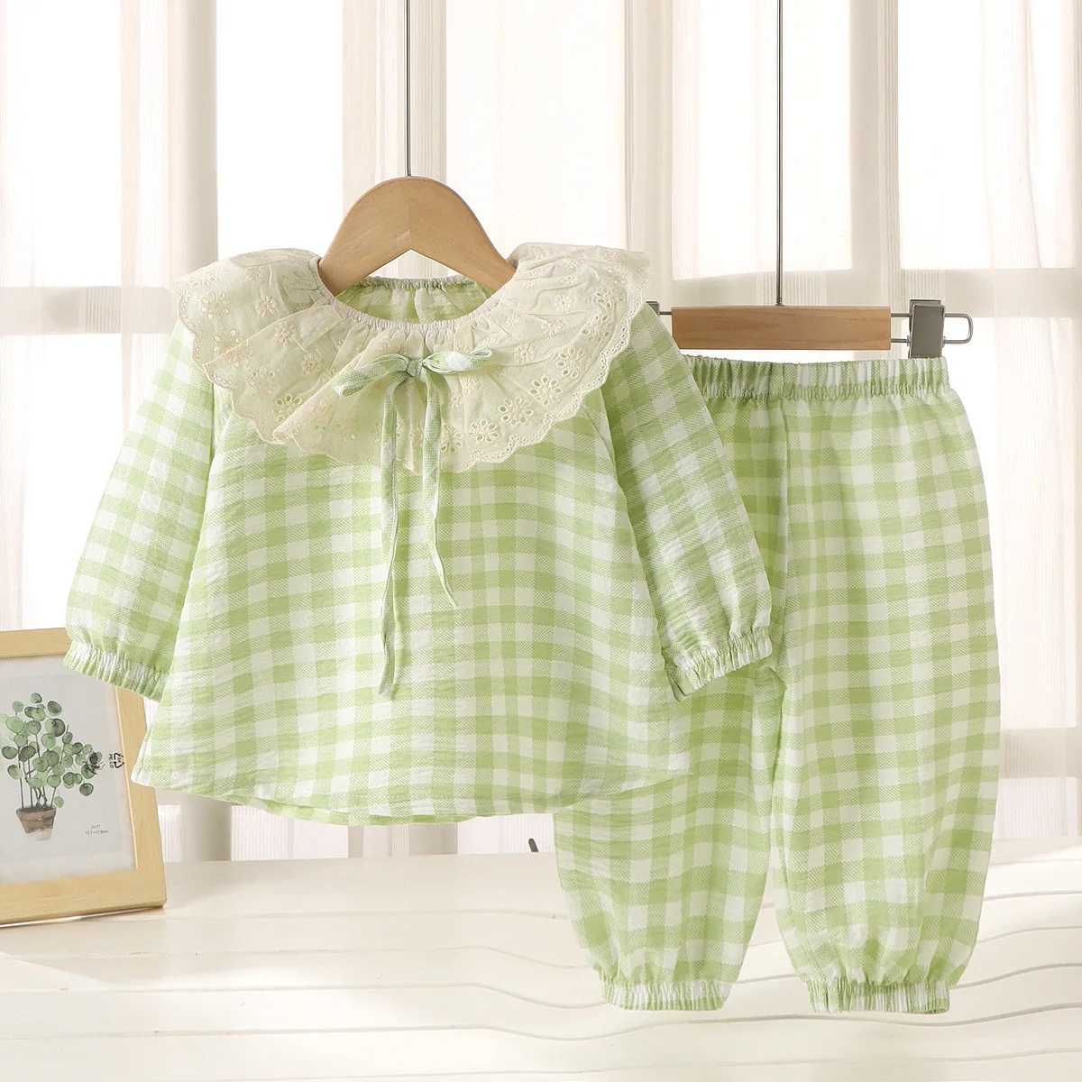 Girls Lace Round Neck Bow Home Suit Set Spring Summer Breathable Princess Baby Pajamas Sleepwear Cute Loose Childrens Clothing H260403