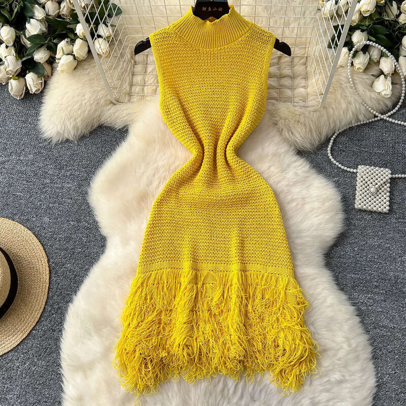 European and American style summer new k30 sweater sexy sleeveless tassel short hollow patch slim knit dress 2026