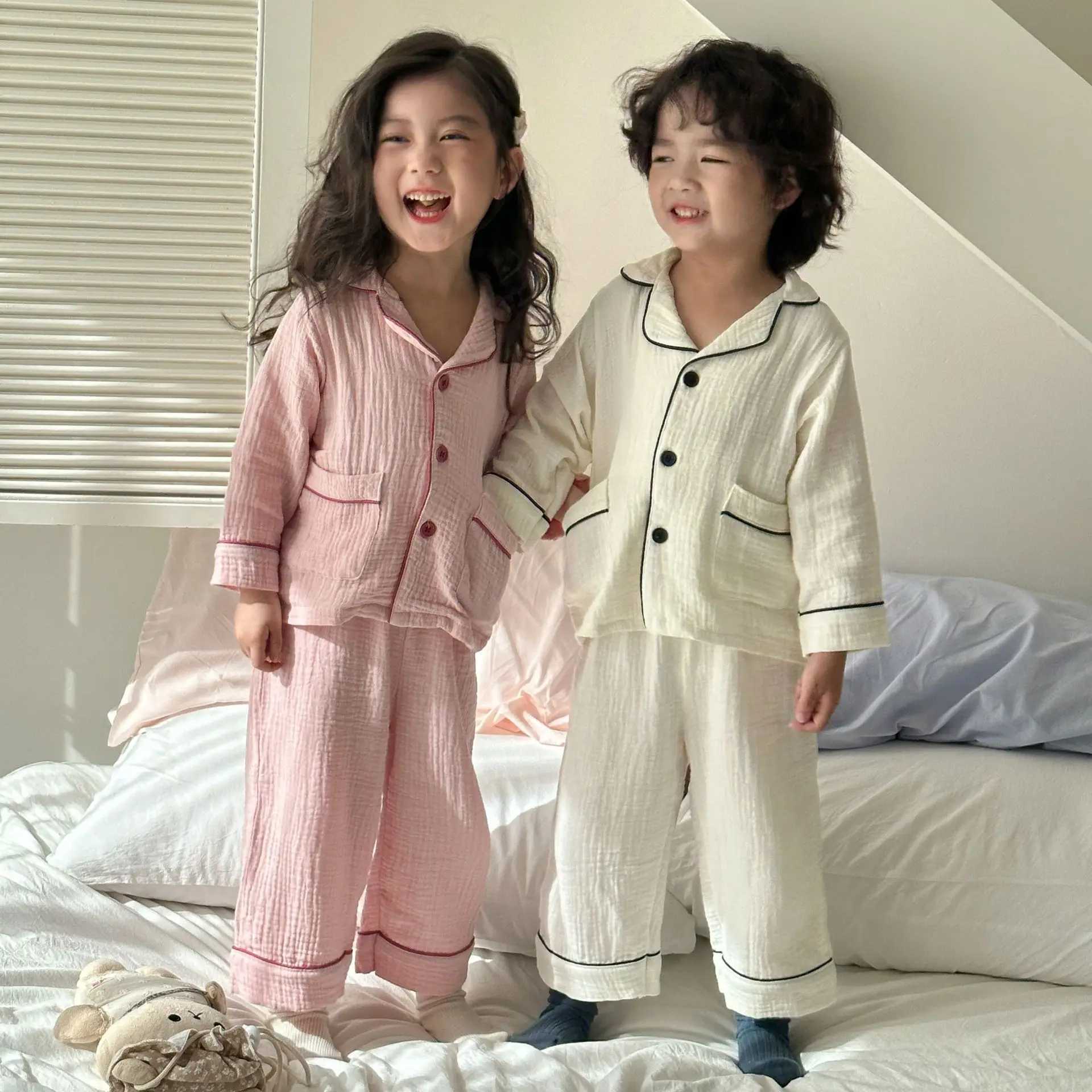 2025 New Childrens Cotton Pajamas Set Soft Loose Boys Girls Clothing Turn-down Collar Button Shirt Trousers 2 Pcs Suit Pijamas H260403